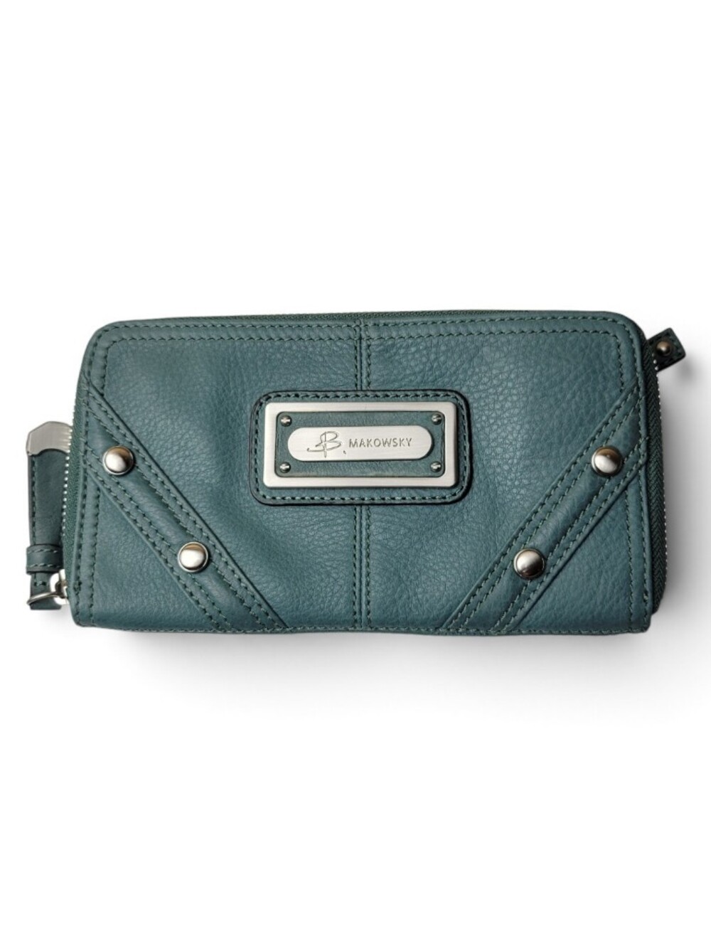 B. MAKOWSKY Teal Leather Studded Zip Around Wallet